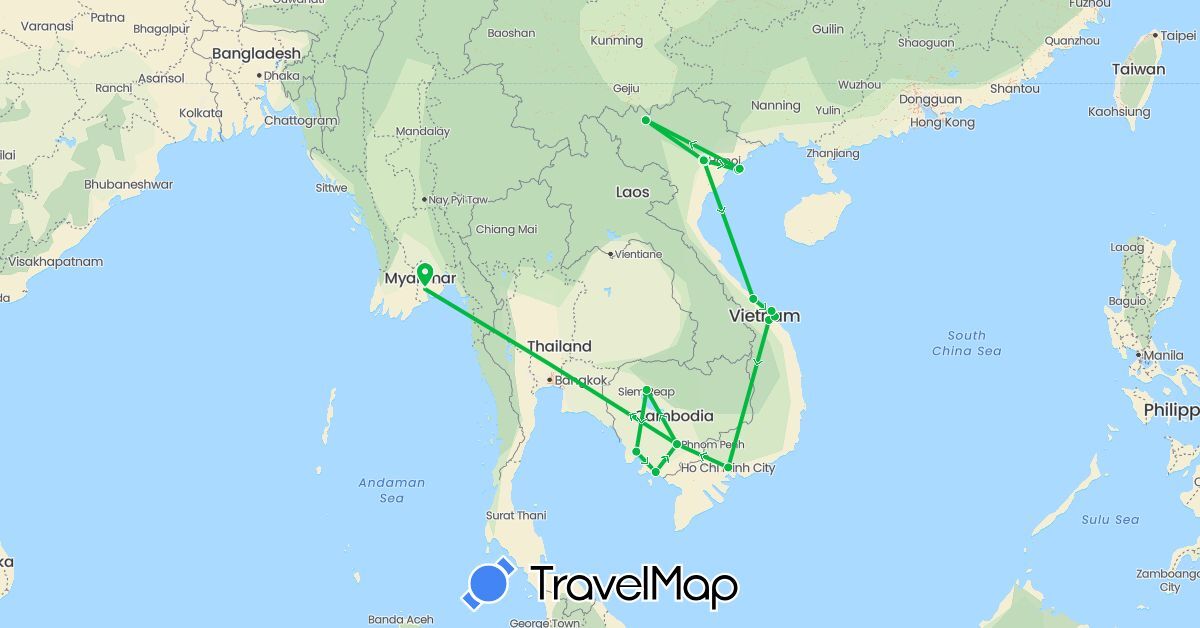 TravelMap itinerary: driving, bus in Cambodia, Myanmar (Burma), Vietnam (Asia)